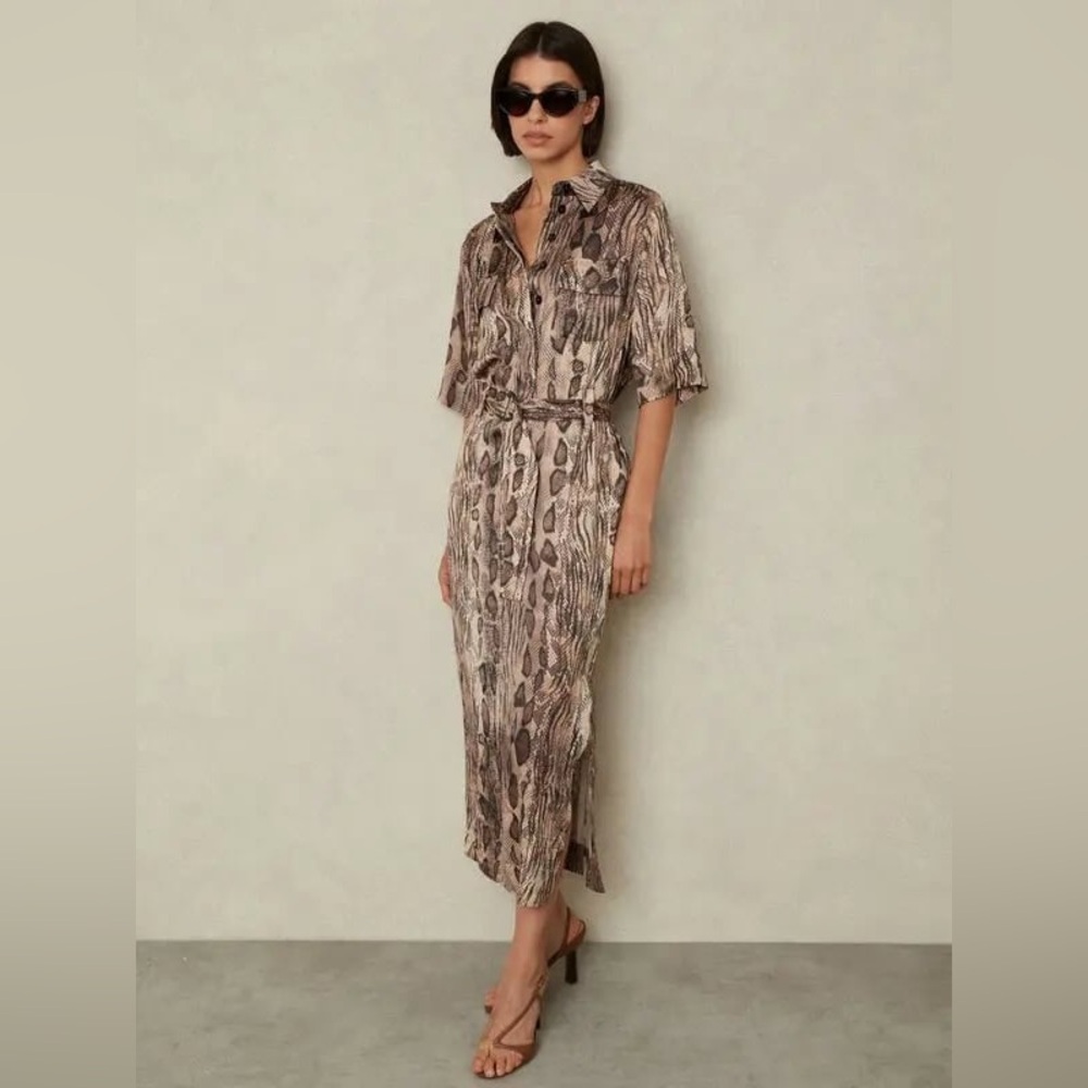 Reiss Women’s Farah Snake Print Belted Midi Dress Size 6 NWT Brown Tan